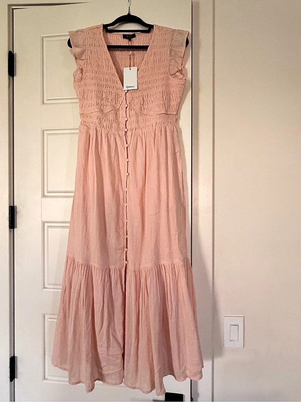 Quince Organic Textured Cotton Smocked V-Neck Midi Dress Ruffle Sleeve Midi